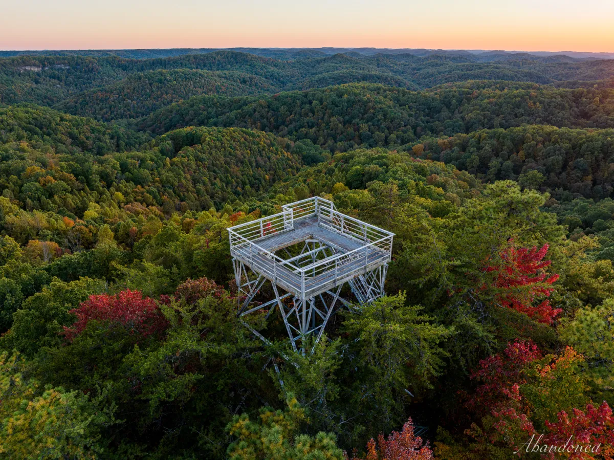 Tater Knob Fire Tower aerial view at sunset