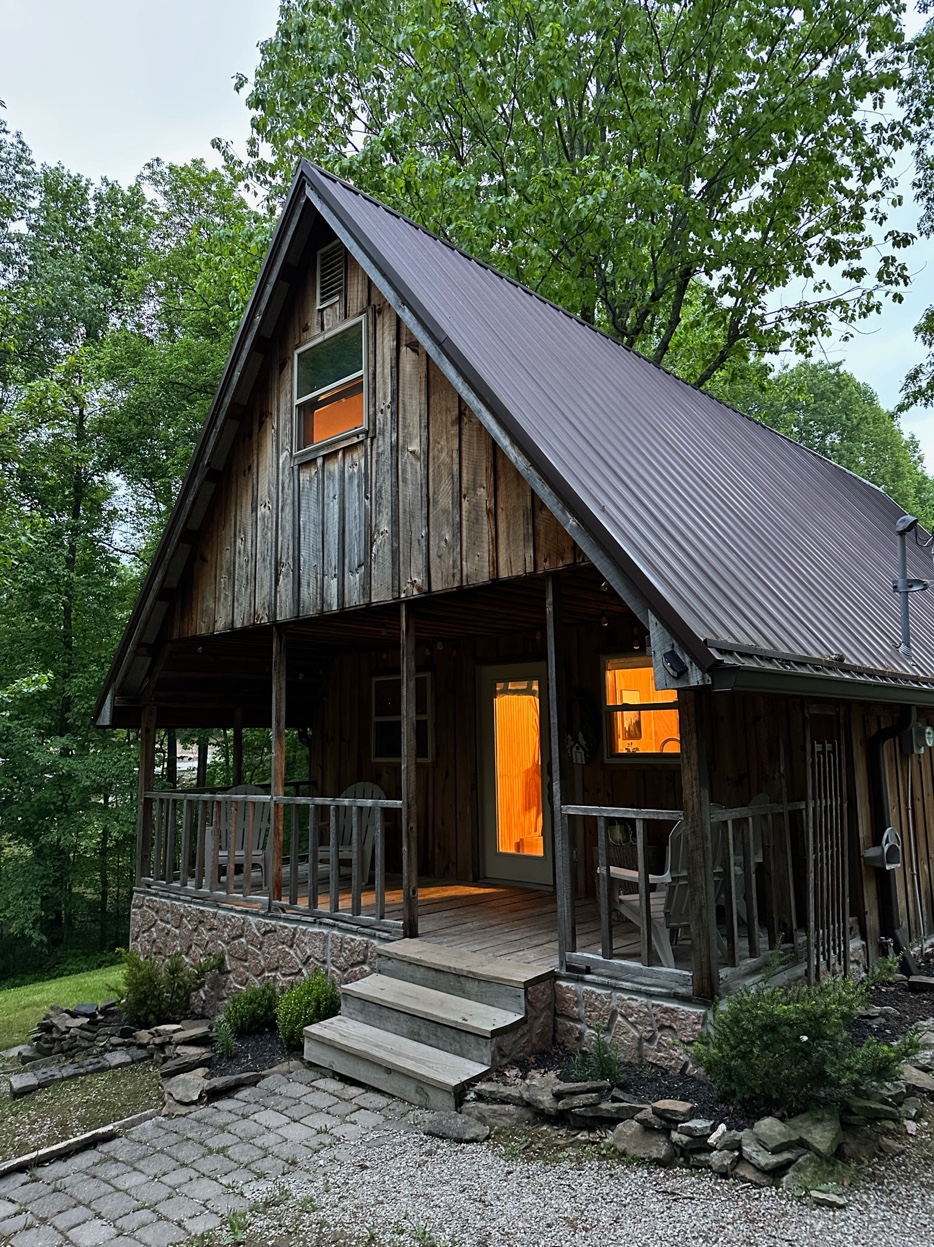 Covered porch with string lights